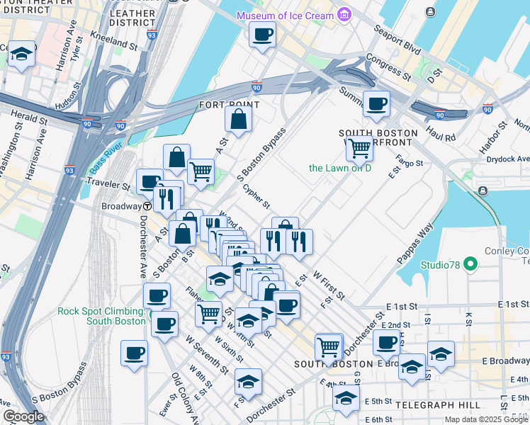 map of restaurants, bars, coffee shops, grocery stores, and more near 202 West First Street in Boston