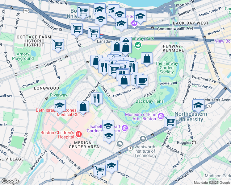 map of restaurants, bars, coffee shops, grocery stores, and more near 109 Queensberry Street in Boston