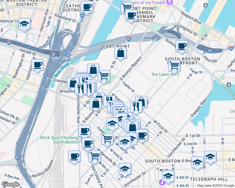 map of restaurants, bars, coffee shops, grocery stores, and more near 154 West 2nd Street in Boston