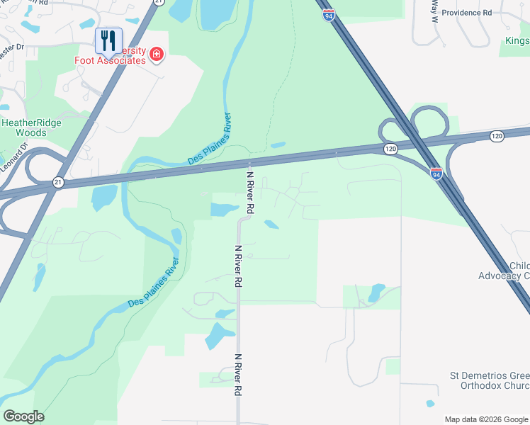 map of restaurants, bars, coffee shops, grocery stores, and more near 33025 North River Road in Libertyville