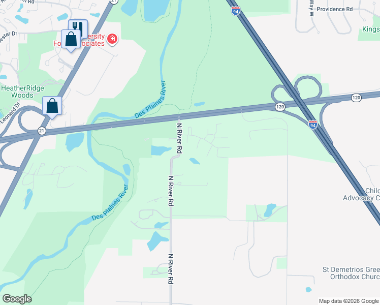 map of restaurants, bars, coffee shops, grocery stores, and more near 33025 North River Road in Libertyville