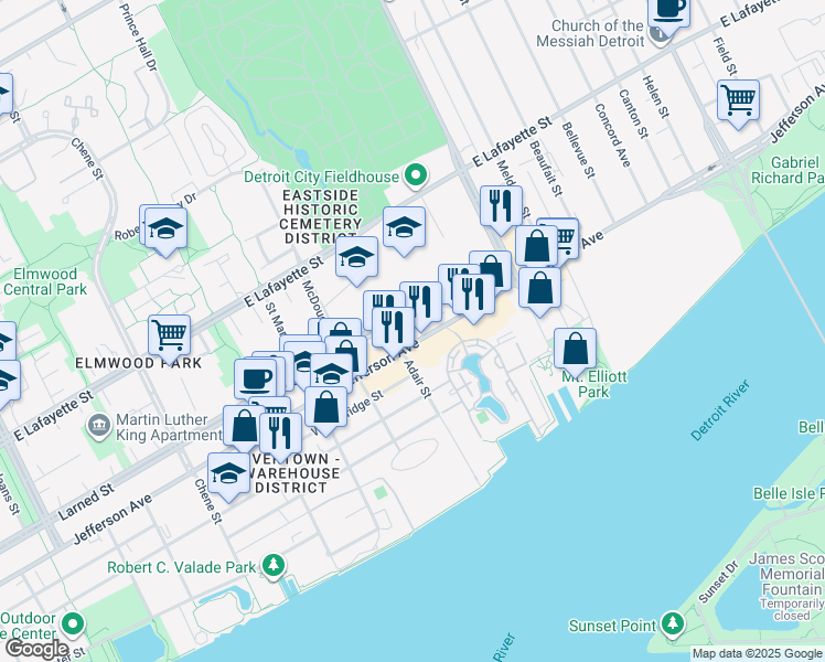 map of restaurants, bars, coffee shops, grocery stores, and more near 3250 East Jefferson Avenue in Detroit