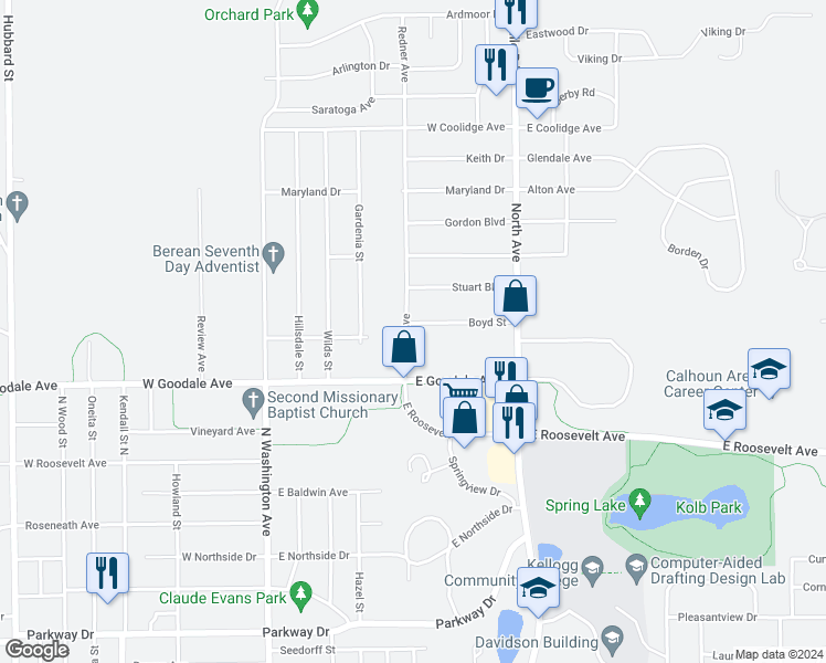 map of restaurants, bars, coffee shops, grocery stores, and more near 81 Boyd Street in Battle Creek
