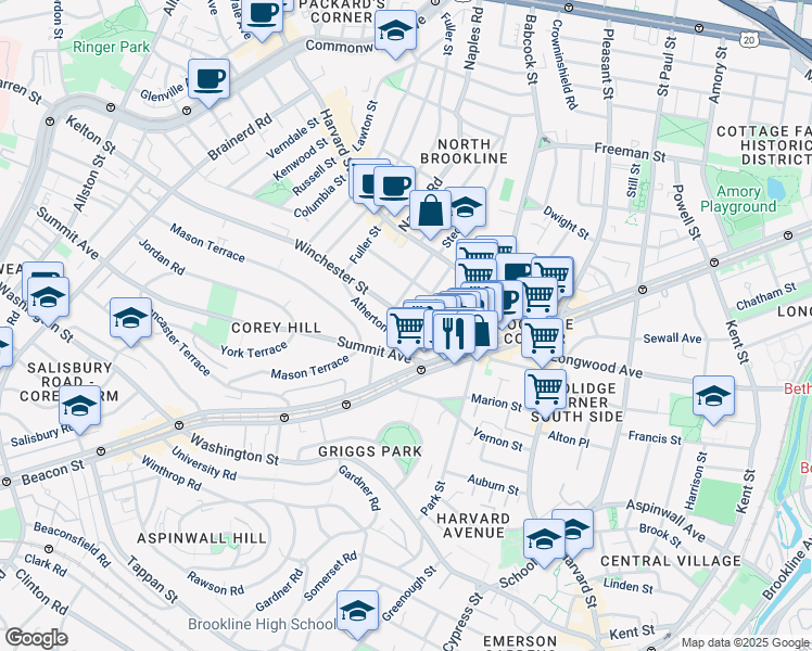 map of restaurants, bars, coffee shops, grocery stores, and more near 28 Atherton Road in Brookline