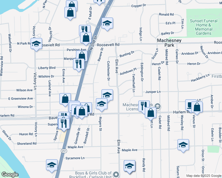 map of restaurants, bars, coffee shops, grocery stores, and more near 1001 Windbourne Drive in Machesney Park
