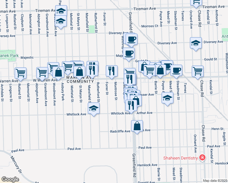 map of restaurants, bars, coffee shops, grocery stores, and more near 6857 Montrose Street in Detroit