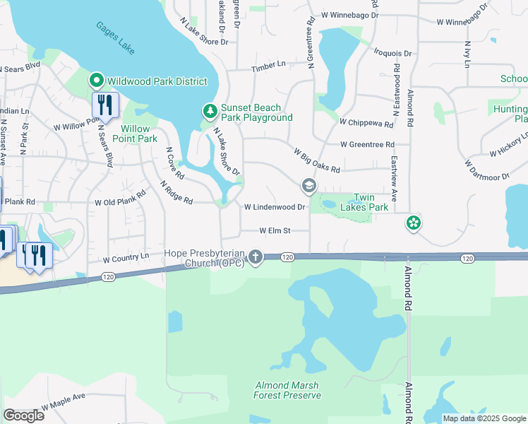 map of restaurants, bars, coffee shops, grocery stores, and more near 18197 West Lindenwood Drive in Grayslake