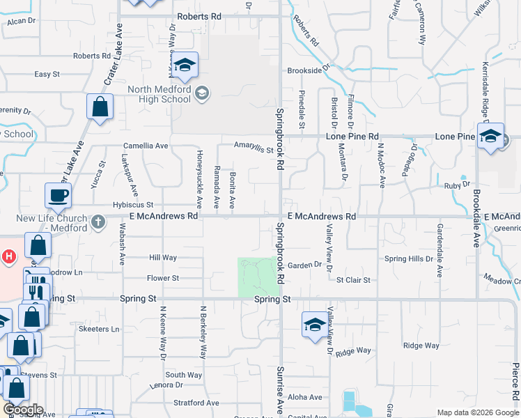 map of restaurants, bars, coffee shops, grocery stores, and more near 2470 East McAndrews Road in Medford