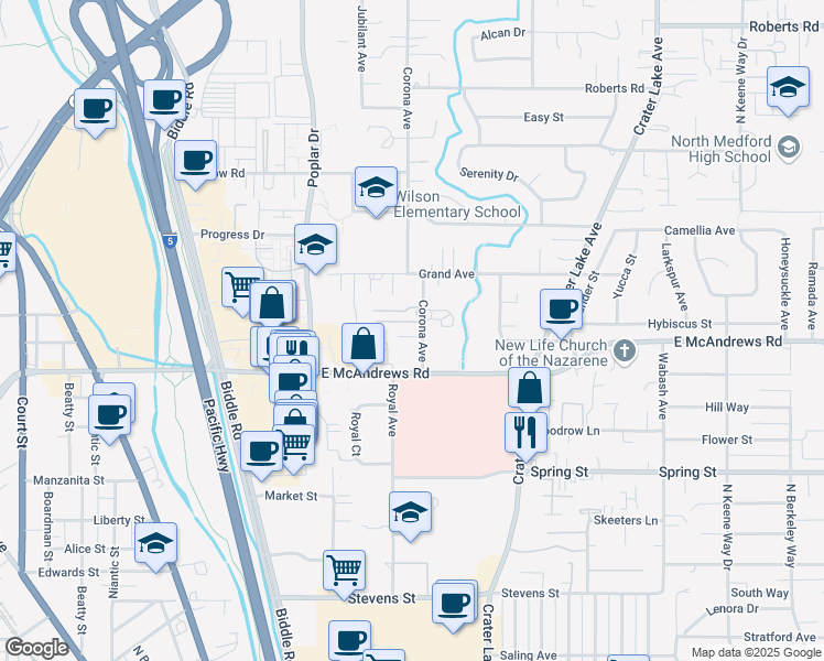 map of restaurants, bars, coffee shops, grocery stores, and more near 1245 Corona Avenue in Medford