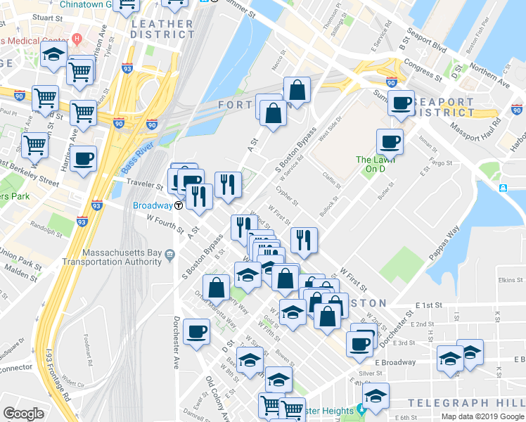 map of restaurants, bars, coffee shops, grocery stores, and more near 154 West 2nd Street in Boston