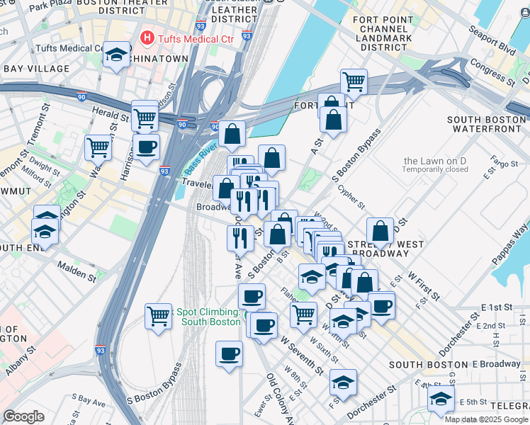 map of restaurants, bars, coffee shops, grocery stores, and more near 69 Athens Street in Boston