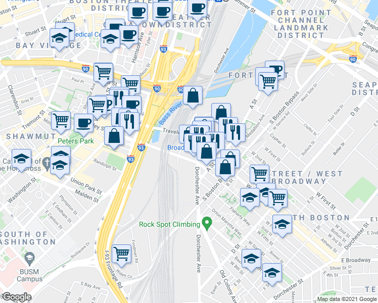 map of restaurants, bars, coffee shops, grocery stores, and more near in Boston