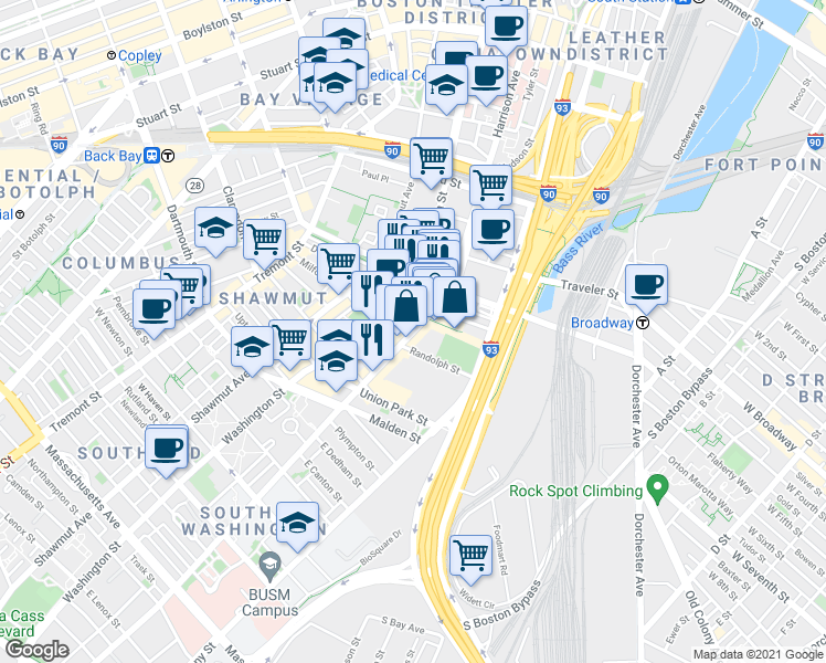 map of restaurants, bars, coffee shops, grocery stores, and more near 478-498 Harrison Avenue in Boston