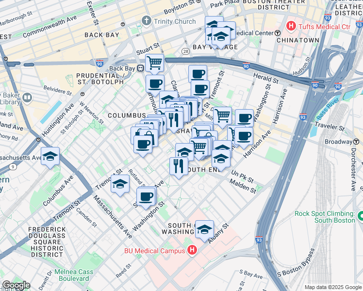 map of restaurants, bars, coffee shops, grocery stores, and more near 57 West Dedham Street in Boston