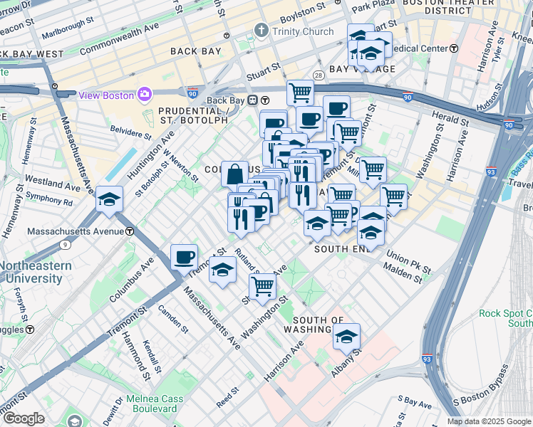map of restaurants, bars, coffee shops, grocery stores, and more near 638 Tremont Street in Boston
