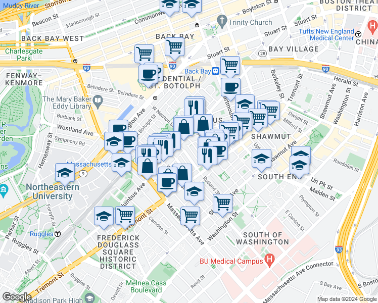 map of restaurants, bars, coffee shops, grocery stores, and more near 43 Public Alley 502 in Boston