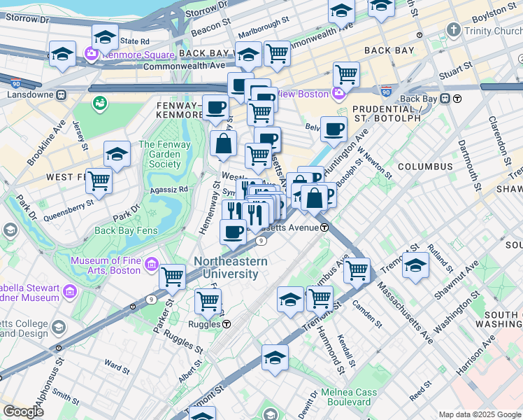 map of restaurants, bars, coffee shops, grocery stores, and more near 77 Saint Stephen Street in Boston