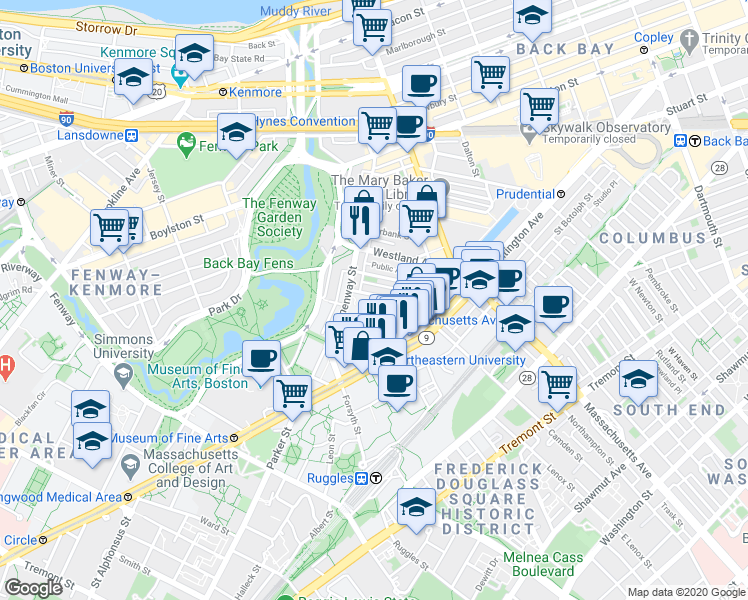 map of restaurants, bars, coffee shops, grocery stores, and more near 76 Gainsborough Street in Boston
