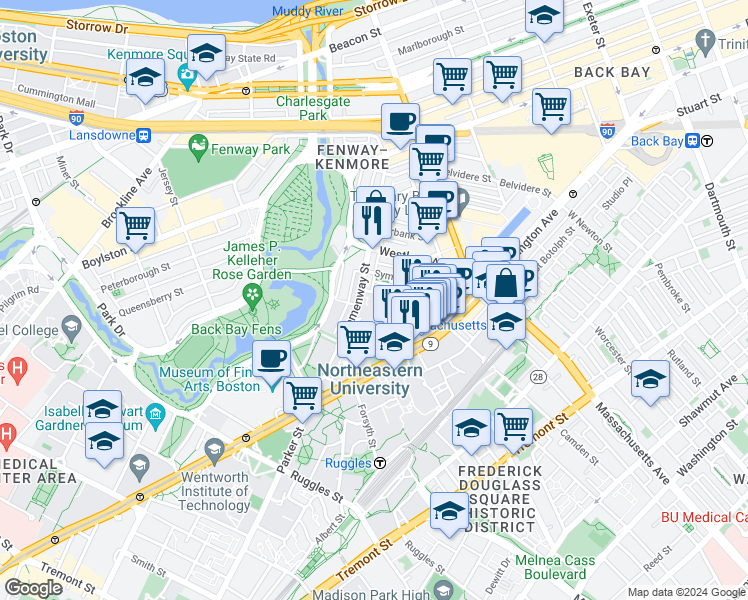 map of restaurants, bars, coffee shops, grocery stores, and more near 76 Gainsborough Street in Boston