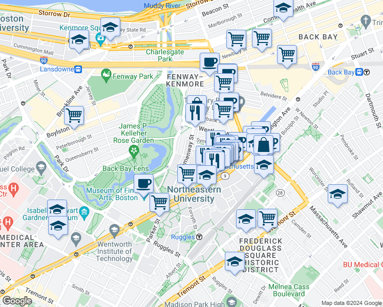 map of restaurants, bars, coffee shops, grocery stores, and more near 76 Gainsborough Street in Boston
