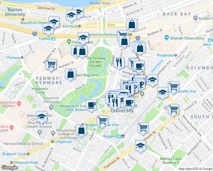 map of restaurants, bars, coffee shops, grocery stores, and more near 143 Hemenway Street in Boston