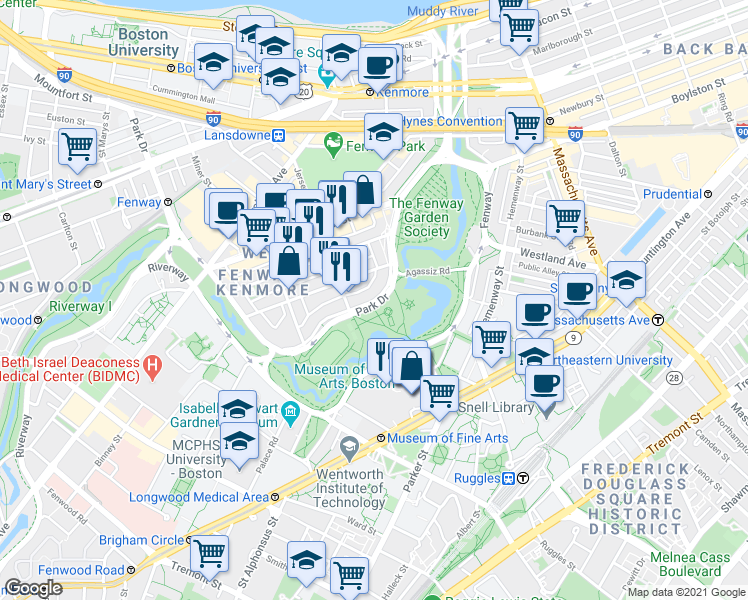 map of restaurants, bars, coffee shops, grocery stores, and more near Emerald Necklace in Boston