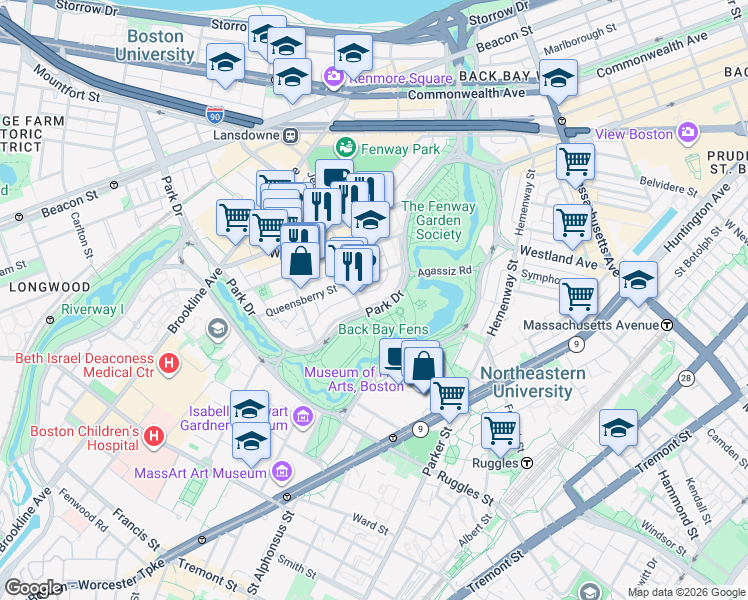 map of restaurants, bars, coffee shops, grocery stores, and more near Emerald Necklace in Boston