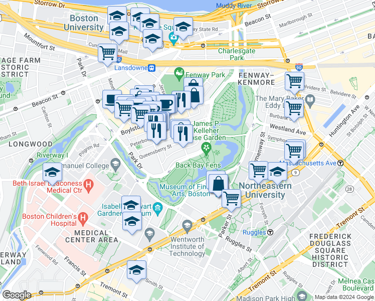 map of restaurants, bars, coffee shops, grocery stores, and more near 111 Park Drive in Boston