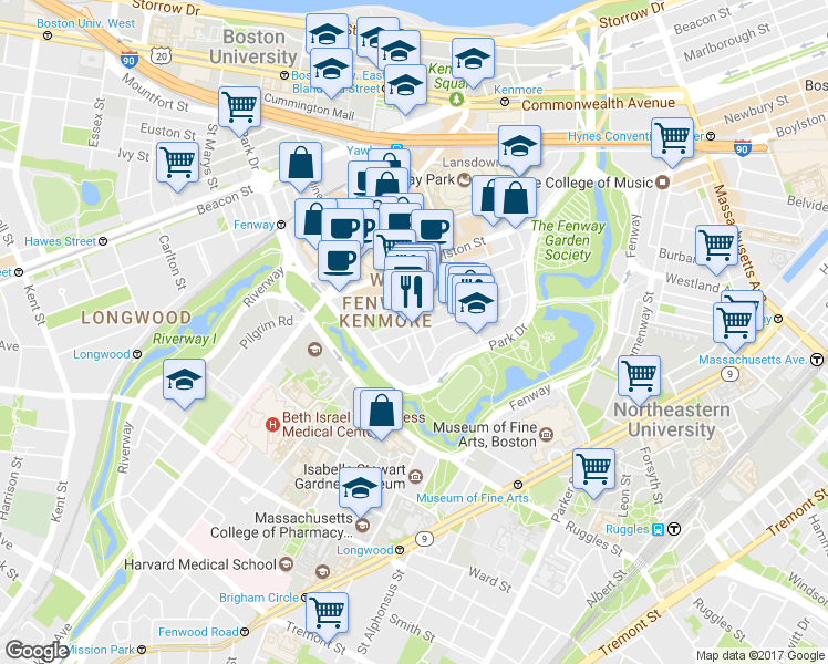 map of restaurants, bars, coffee shops, grocery stores, and more near 58 Queensberry Street in Boston