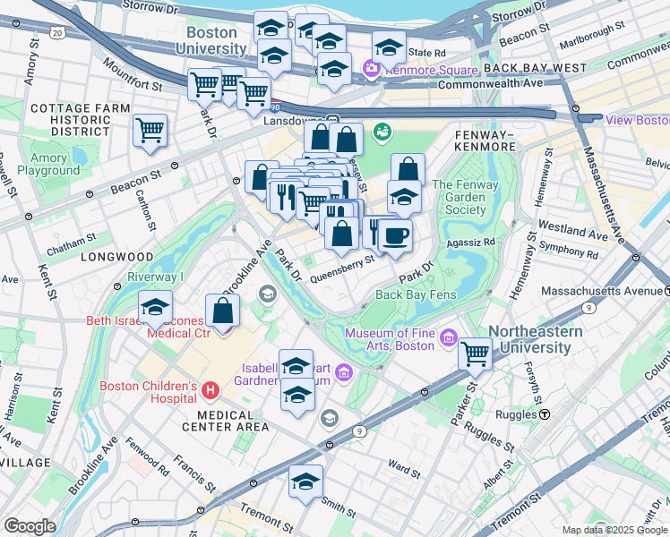 map of restaurants, bars, coffee shops, grocery stores, and more near 105 Queensberry Street in Boston