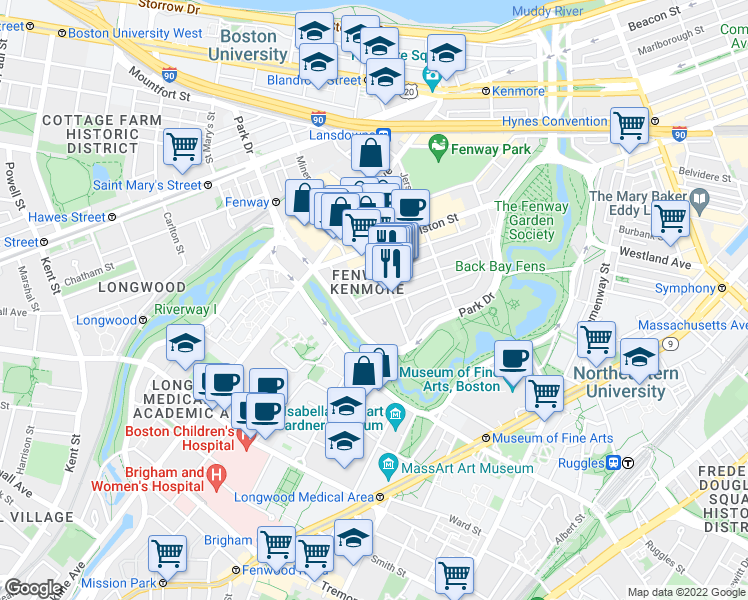 map of restaurants, bars, coffee shops, grocery stores, and more near 105 Queensberry Street in Boston
