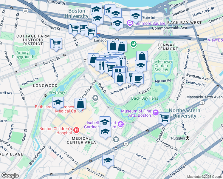 map of restaurants, bars, coffee shops, grocery stores, and more near 105 Queensberry Street in Boston