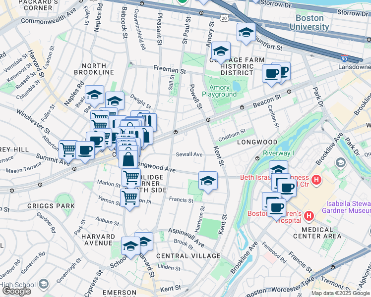 map of restaurants, bars, coffee shops, grocery stores, and more near 102 Sewall Avenue in Brookline