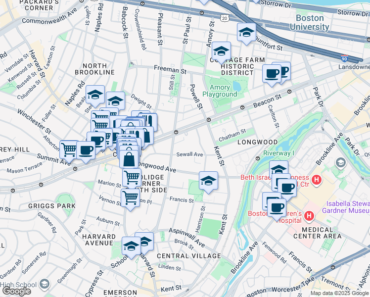 map of restaurants, bars, coffee shops, grocery stores, and more near 102 Sewall Avenue in Brookline