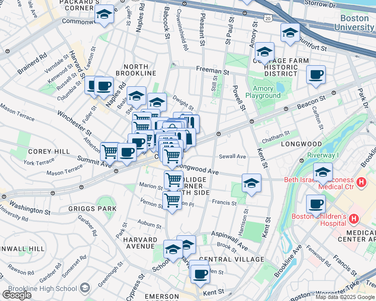 map of restaurants, bars, coffee shops, grocery stores, and more near in Brookline