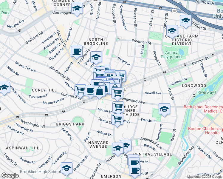 map of restaurants, bars, coffee shops, grocery stores, and more near 1352 Beacon Street in Brookline