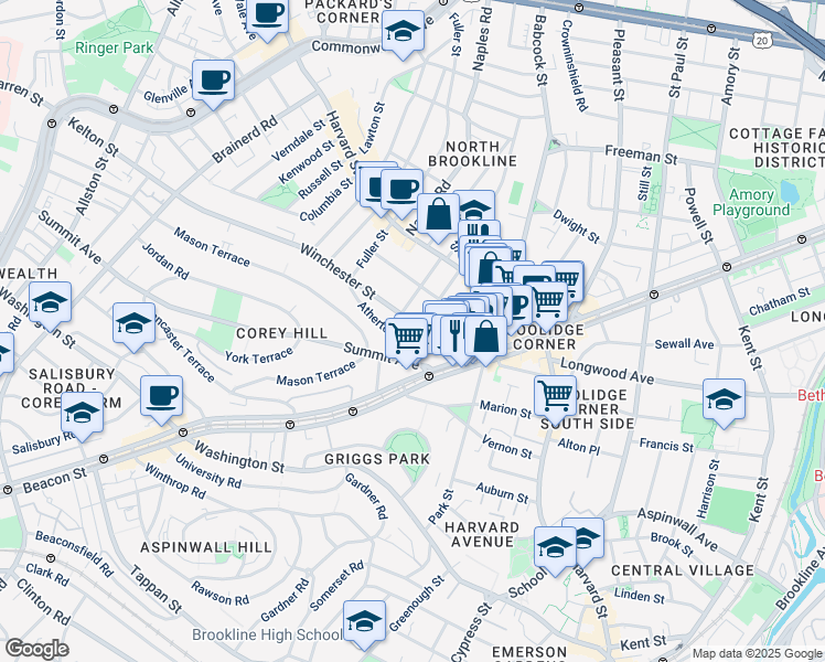 map of restaurants, bars, coffee shops, grocery stores, and more near 28 Atherton Road in Brookline