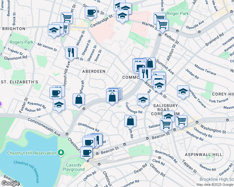 map of restaurants, bars, coffee shops, grocery stores, and more near 1691 Commonwealth Avenue in Boston