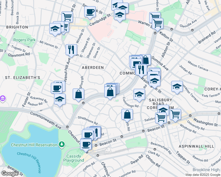 map of restaurants, bars, coffee shops, grocery stores, and more near 1691 Commonwealth Avenue in Boston