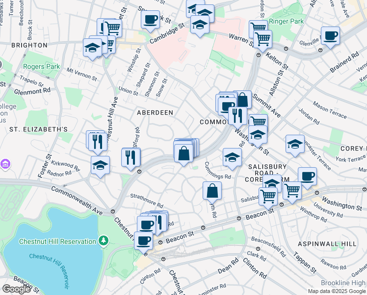map of restaurants, bars, coffee shops, grocery stores, and more near 1691 Commonwealth Avenue in Boston