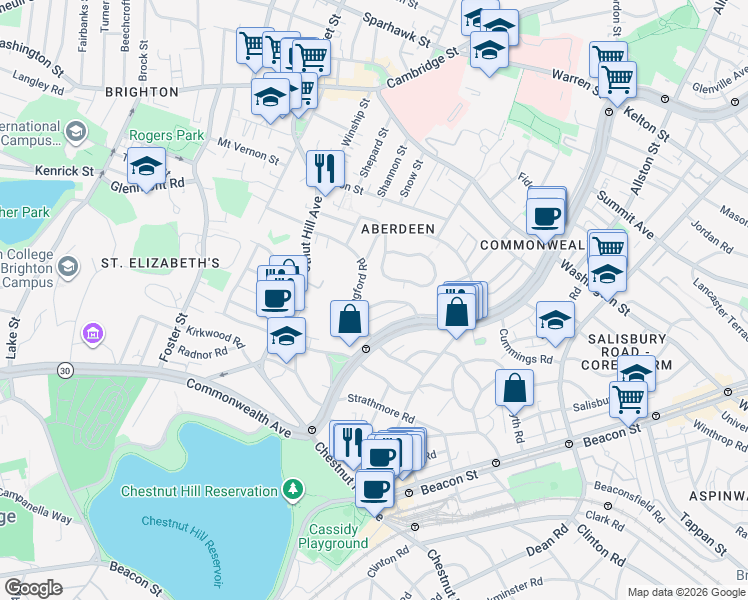 map of restaurants, bars, coffee shops, grocery stores, and more near 59 Leamington Road in Boston