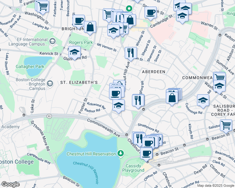 map of restaurants, bars, coffee shops, grocery stores, and more near 150 Chestnut Hill Avenue in Boston