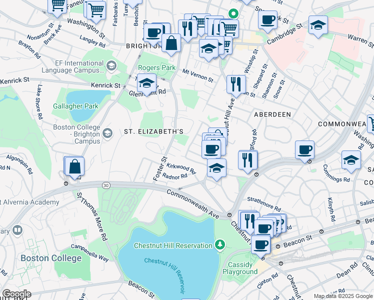 map of restaurants, bars, coffee shops, grocery stores, and more near 201 Chiswick Road in Boston