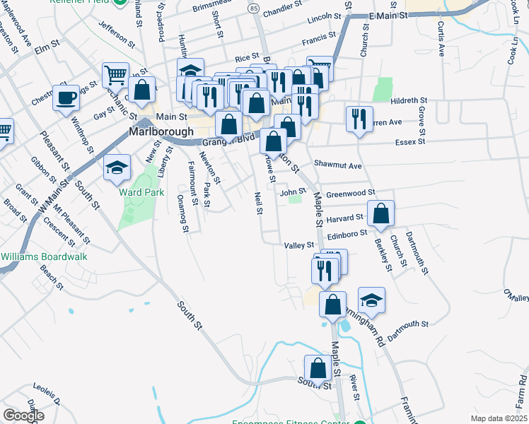 map of restaurants, bars, coffee shops, grocery stores, and more near 139 Howe Street in Marlborough