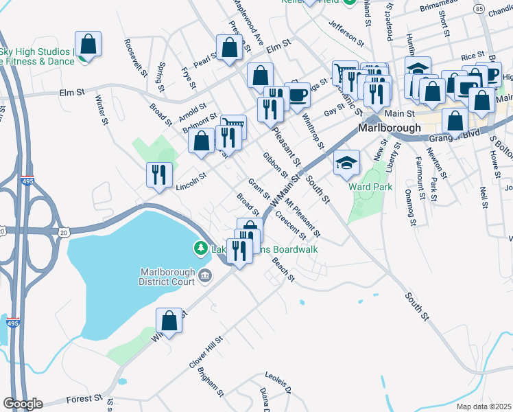 map of restaurants, bars, coffee shops, grocery stores, and more near in Marlborough
