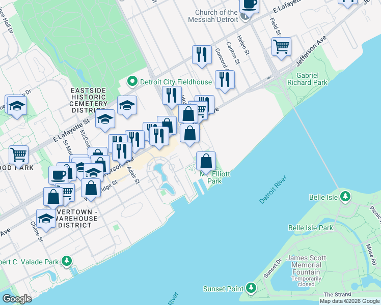 map of restaurants, bars, coffee shops, grocery stores, and more near 227 Iron Street in Detroit