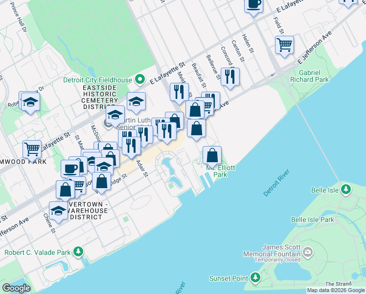 map of restaurants, bars, coffee shops, grocery stores, and more near 250 East Harbortown Drive in Detroit