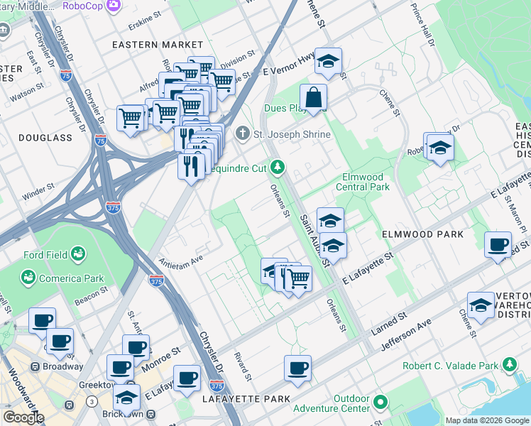 map of restaurants, bars, coffee shops, grocery stores, and more near 1555 Cherboneau Place in Detroit