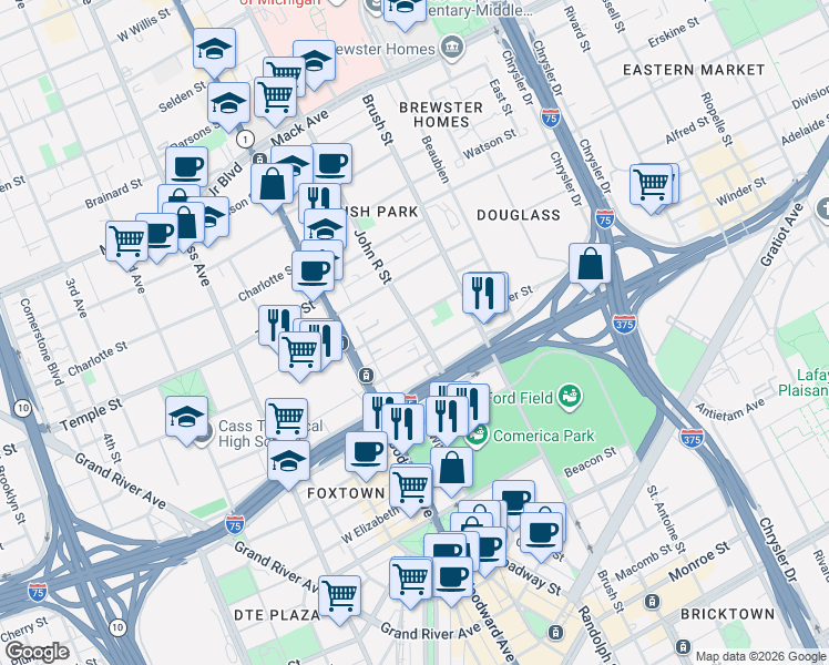 map of restaurants, bars, coffee shops, grocery stores, and more near 123 Winder Street in Detroit