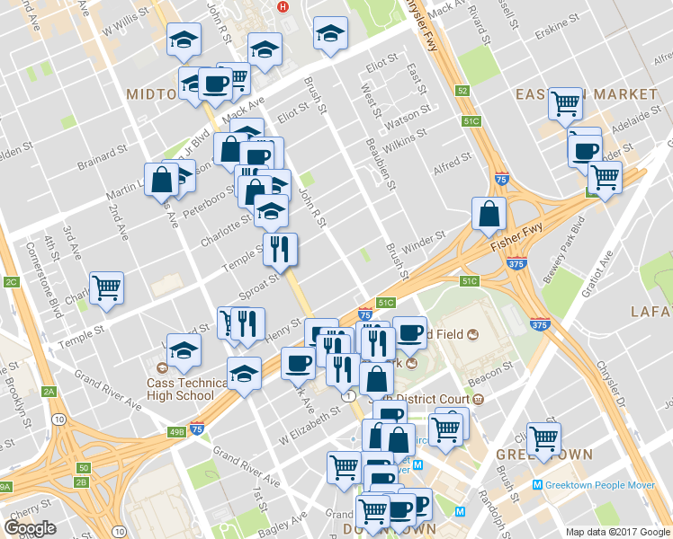 map of restaurants, bars, coffee shops, grocery stores, and more near 123 Winder Street in Detroit